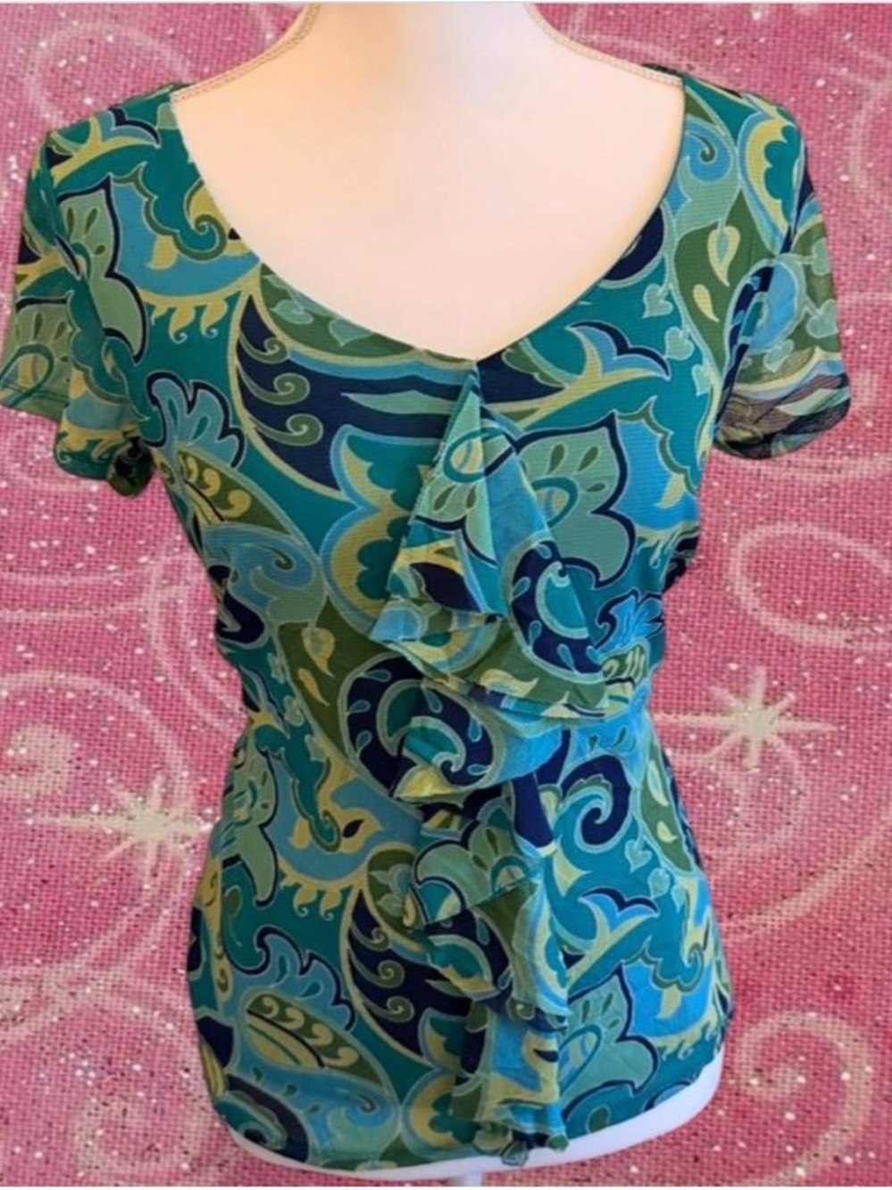Y2K Paisley Print Ruffle Blue Blouse
